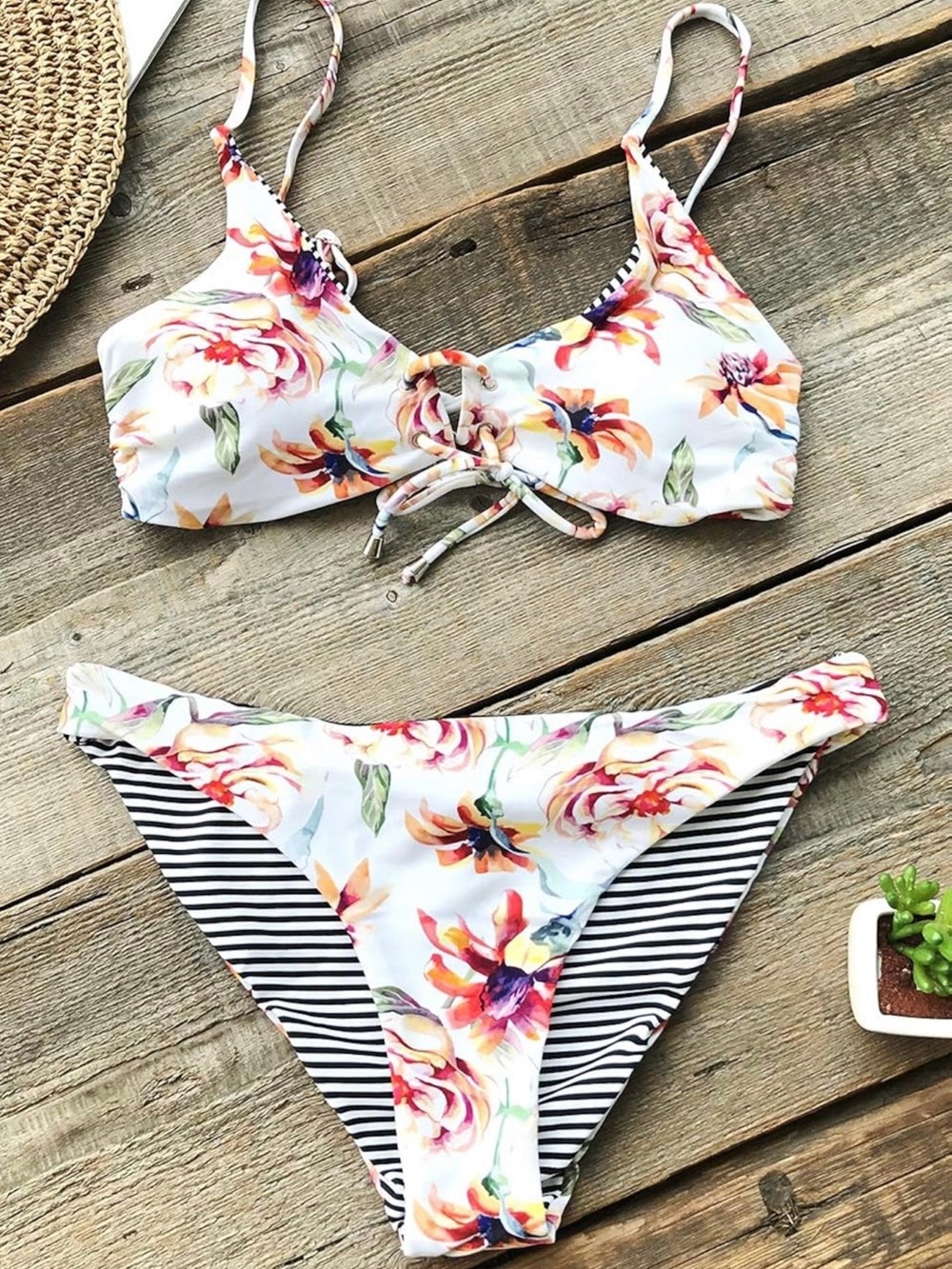REVERSIBLE White Floral & Striped Tie-Front Bikini